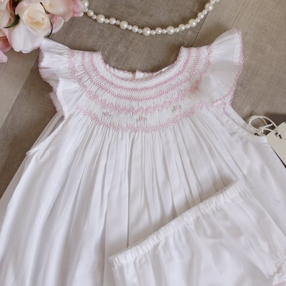 White Smocked Dress and Diaper Cover 100% Cotton Pink Embroidery Boutique NWT - Picture 4 of 5